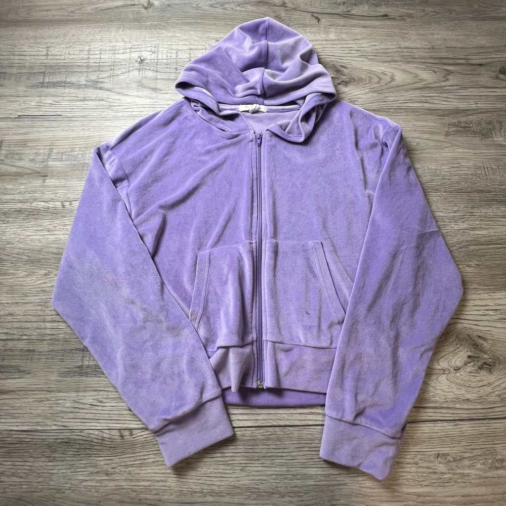 Refuge Athletics Hoodie Womens Medium Purple Velour‎ Zip Up Y2K McBling AD60